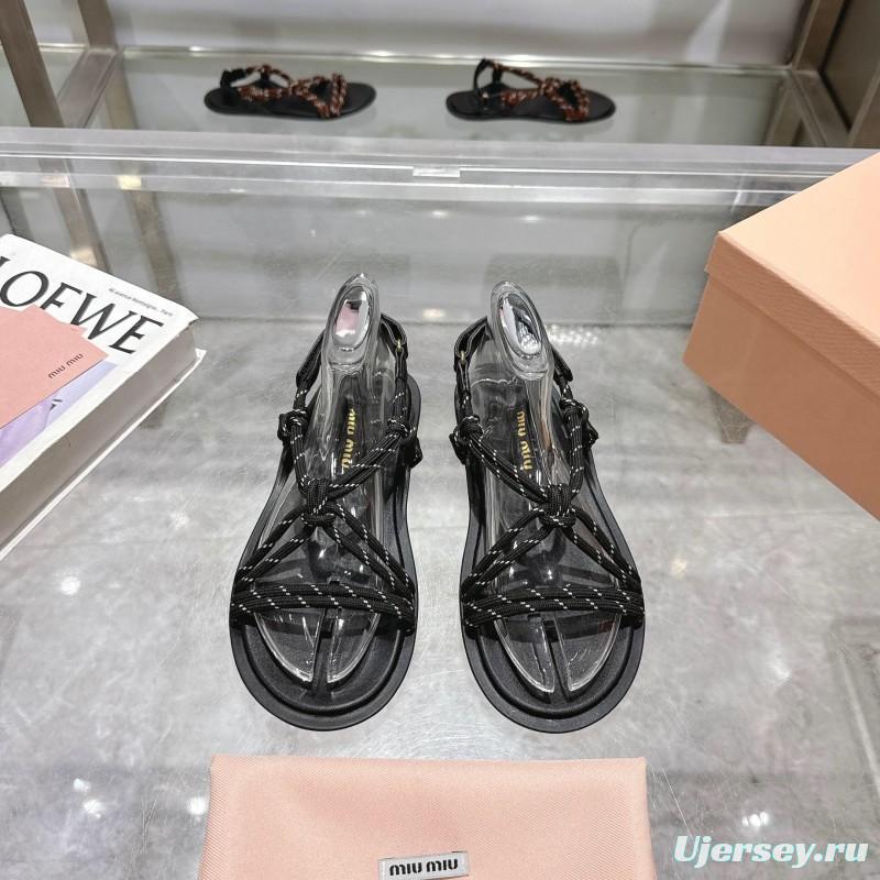 2025 Women Miu Miu Black Leather Rope Sandals