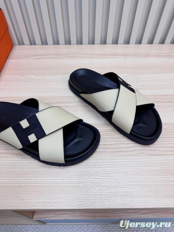 2025 Slippers Hermès Black Ivory Leather Cross Strap