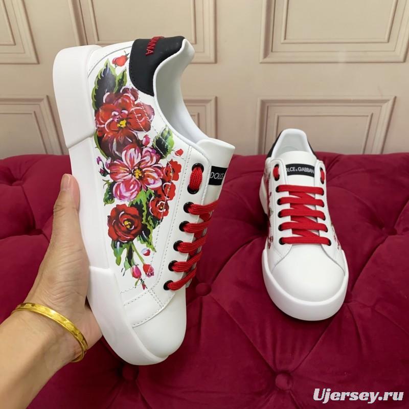 2025 Women Dolce & Gabbana White Red Leather Sneakers Floral LY00300
