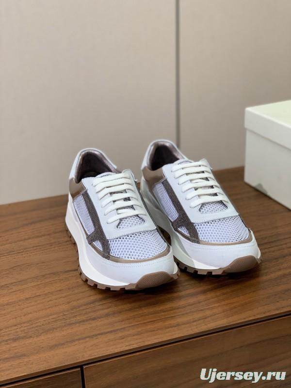 2025 Women Brunello Cucinelli White Silver Mesh Leather Sneakers