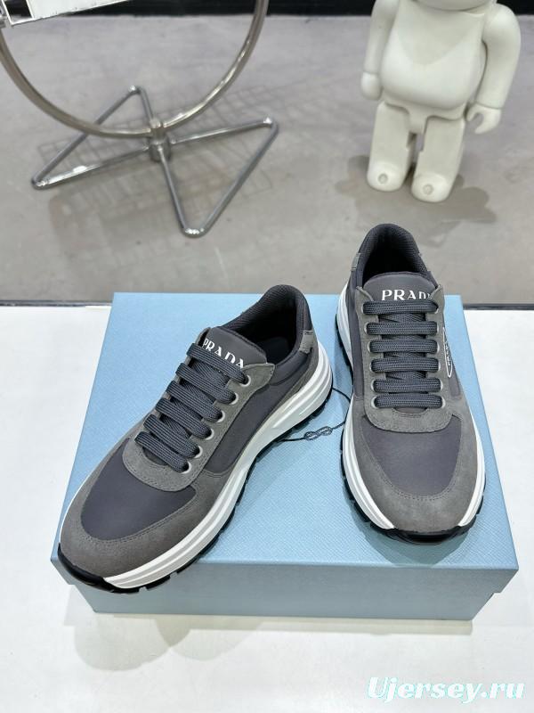 2025 Unisex Prada Grey Suede Leather Sneakers KFY00310