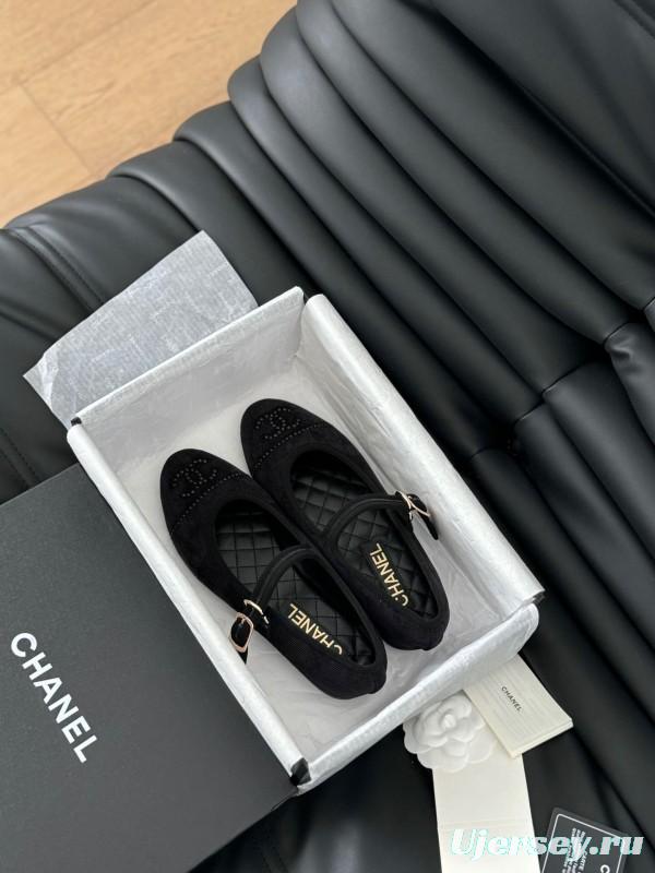 2025 Women Chanel Black Velvet Mary Jane Embroidered LY00280