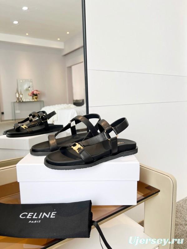 2025 Women Celine Black Leather Sandals LY00220