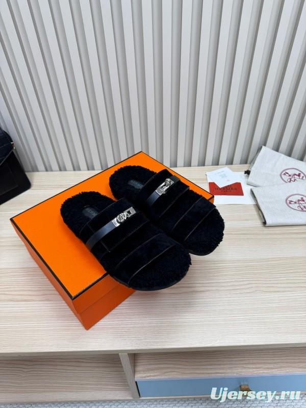 2024 Slippers Hermès Black Sheepskin Slippers MJ00300