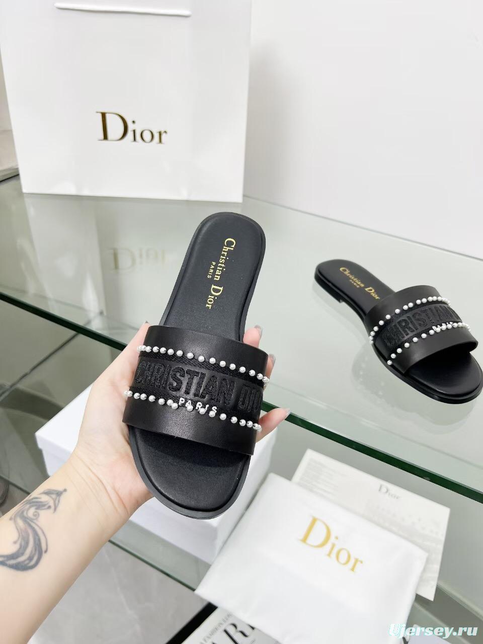 2025 Women Dior Black Leather Slippers Pearl Embellishment LY00190
