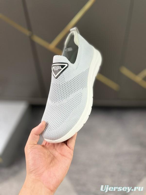 2024 Unisex Prada Light Grey Breathable Flyknit Sneakers MJ00230