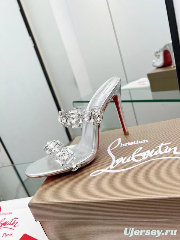 2025 Women Christian Louboutin Silver Leather High Heel Sandals Diamond Decoration LY00300