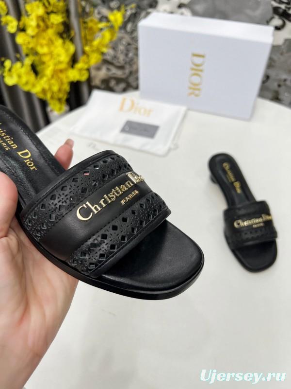 2025 Women Dior Black Leather Slippers LY00250