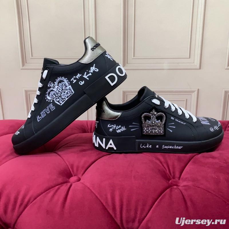 2025 Men Dolce & Gabbana Black Silk Leather Sneakers Crown Embellishment LY00360
