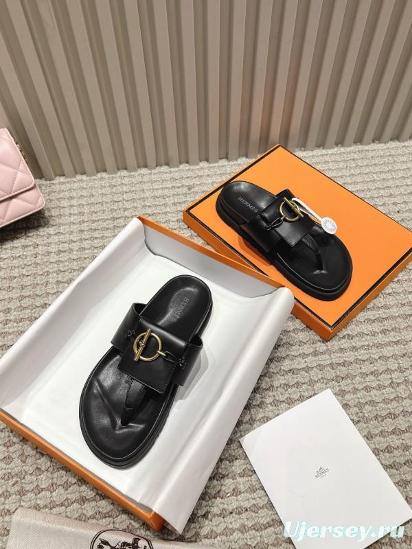 2025 Slippers Hermès Black Leather Slippers LY00270