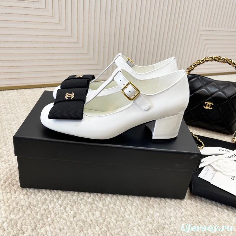 2025 Women Chanel White Black Leather Mary Jane Bow KFY00310
