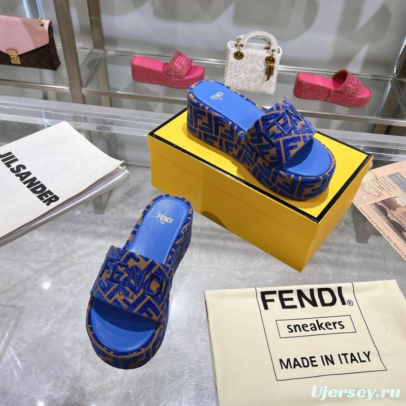 2025 Slippers Fendi Blue Brown Fabric FF Jacquard Platform