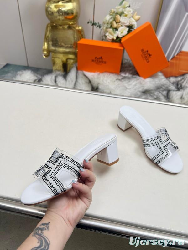 2025 Slippers Hermès White Leather Crystal MJ00180