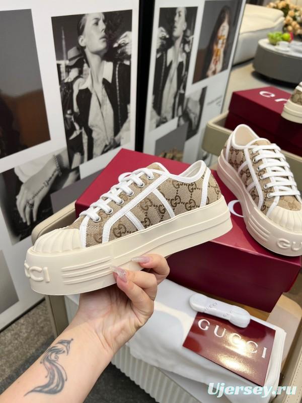 2025 Women Gucci Beige Brown Canvas Platform Sneakers Non-heritage Layered Stitching LY00270