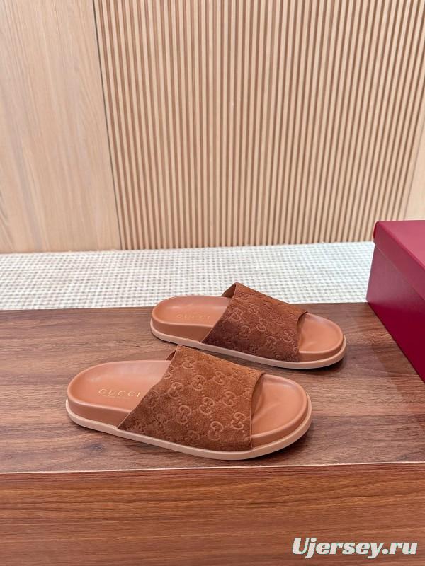 2025 Women Gucci Brown Suede Leather Slippers