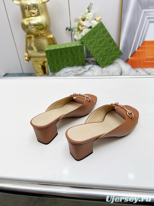 2025 Women Gucci Brown Leather Mules Classic Buckle MJ00180/215