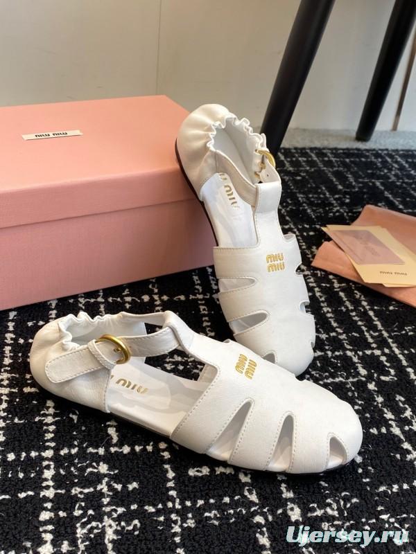 2025 Women Miu Miu White Calf Leather Flat Sandals