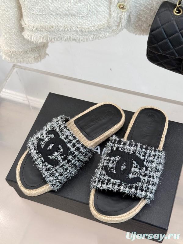 2025 Slippers Chanel Black White Tweed Espadrille Handcrafted KFY00230