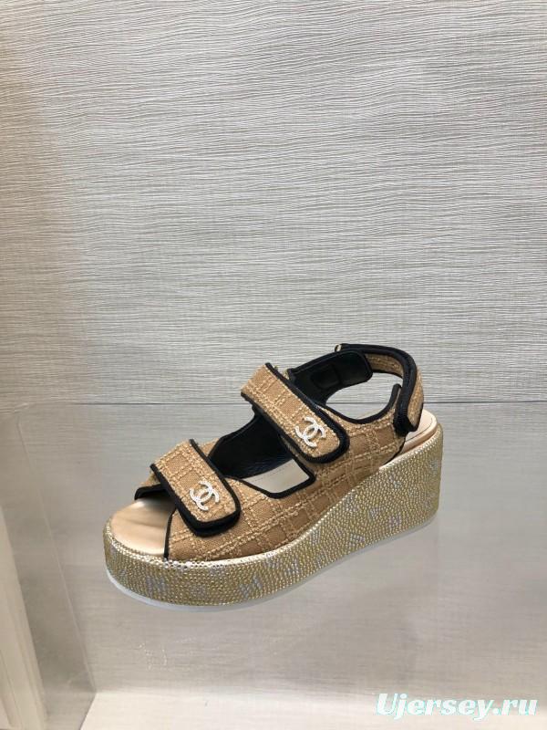 2025 Women Chanel Beige Black Leather Sandals Platform Thick Sole LY00330