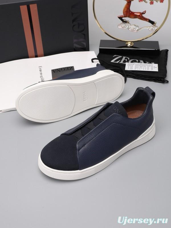 2024 Men Ermenegildo Zegna Navy Blue Leather Suede Low Top Sneakers MJ00240