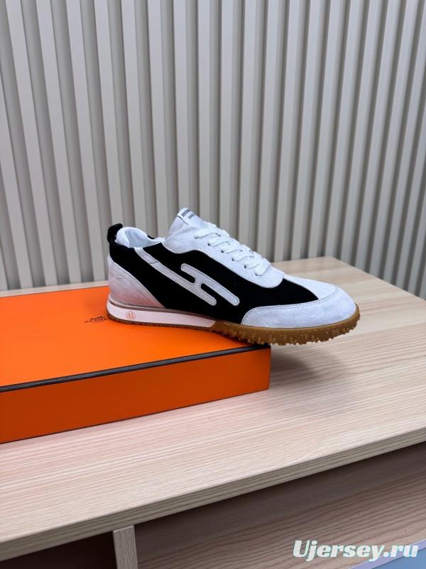 2025 Unisex Hermès White Black Suede Down Fabric Sneakers Top Version KFY00300