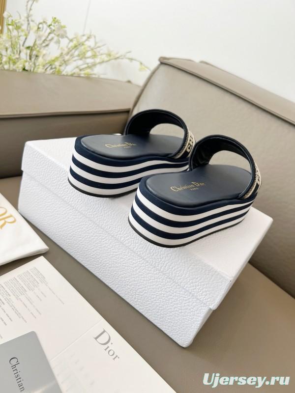 2025 Women Dior Navy White Canvas Platform Slippers LY