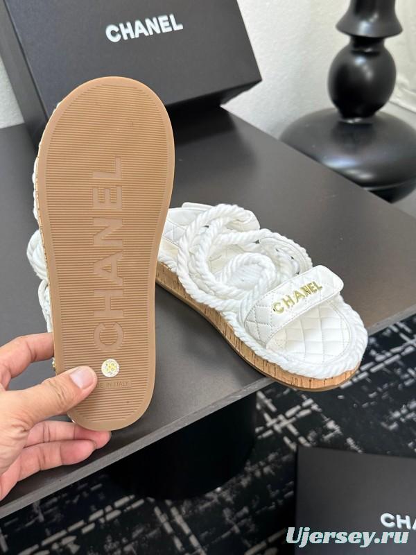 2025 Women Chanel White Leather Roped Espadrille Sandals LY00260