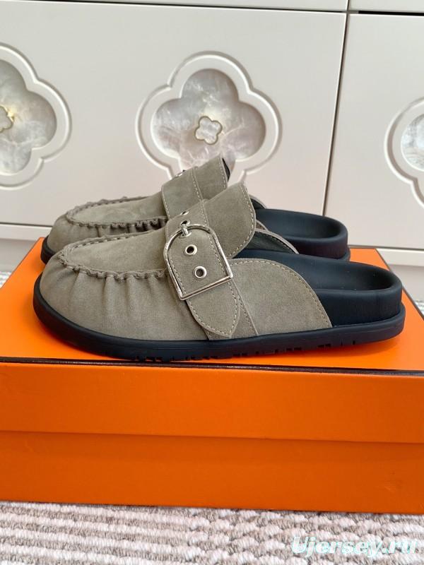 2025 Women Hermès Grey Suede Mule Shoe KFY00290