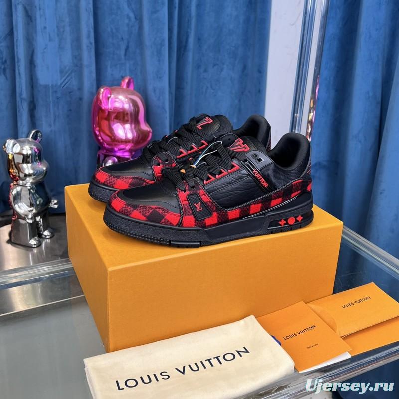 2025 Unisex Louis Vuitton Black Red Leather Sneakers
