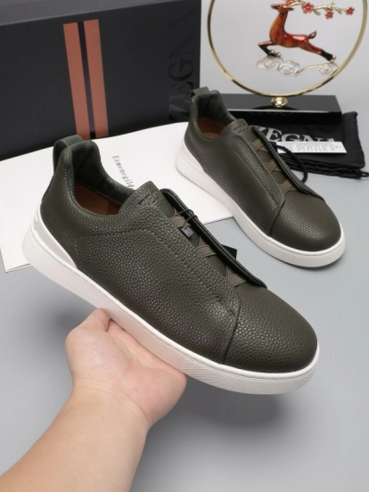 2024 Men Ermenegildo Zegna Dark Green Leather Sneakers MJ00240