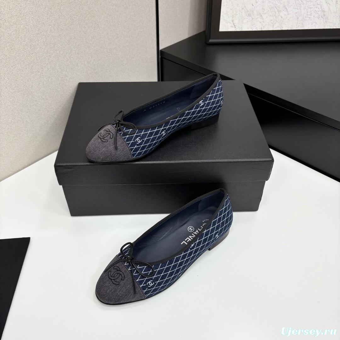 2025 Women Chanel Blue Grey Denim Textile Ballet Flat LY00360