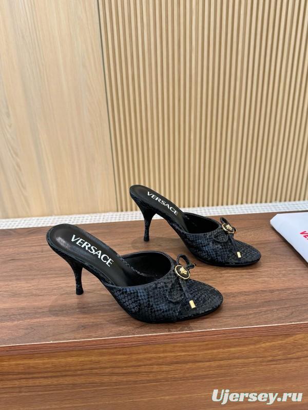 2025 Women VERSACE Black Leather Mule Heels LY00250