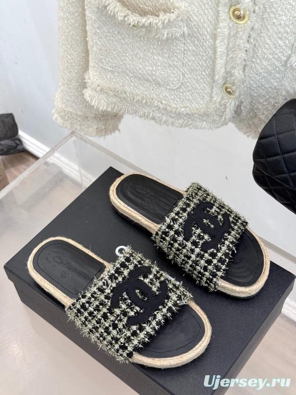 2025 CHANEL Black White Tweed Slippers