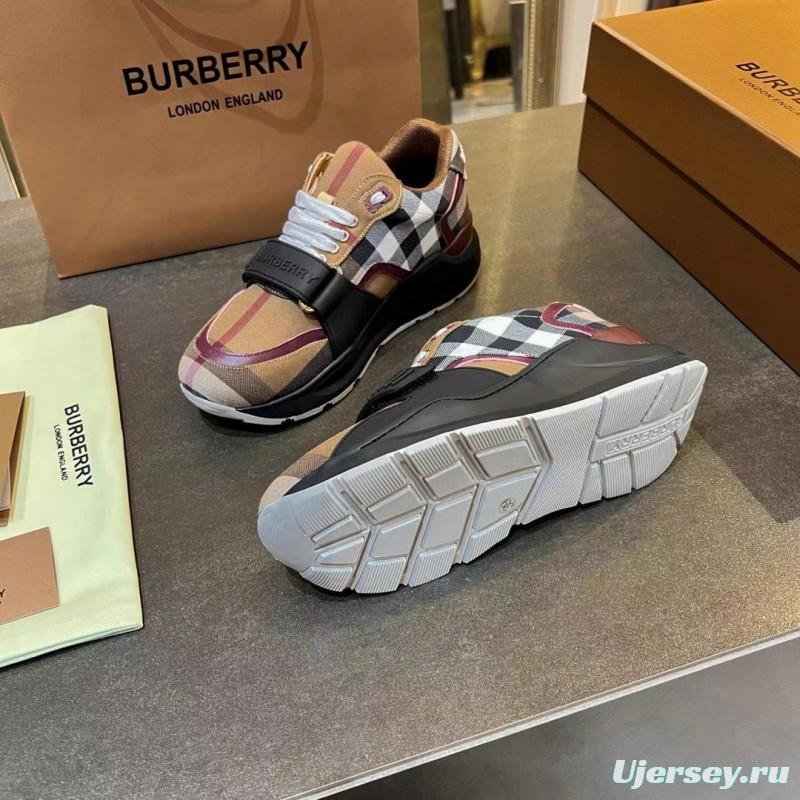 2025 Unisex Burberry Beige Black White Cotton Calfskin Suede Sneakers Vintage Pattern MJ00360(F)
