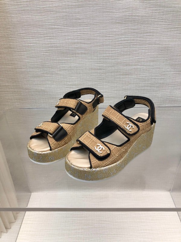 2025 Women Chanel Beige Black Leather Sandals Platform Thick Sole LY00330