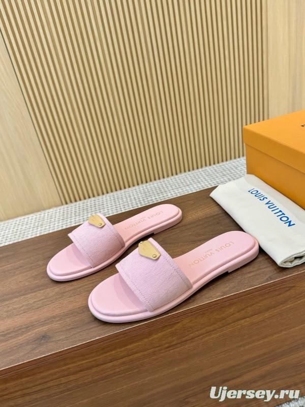 2025 Women Louis Vuitton Pink Leather Slippers LY00220