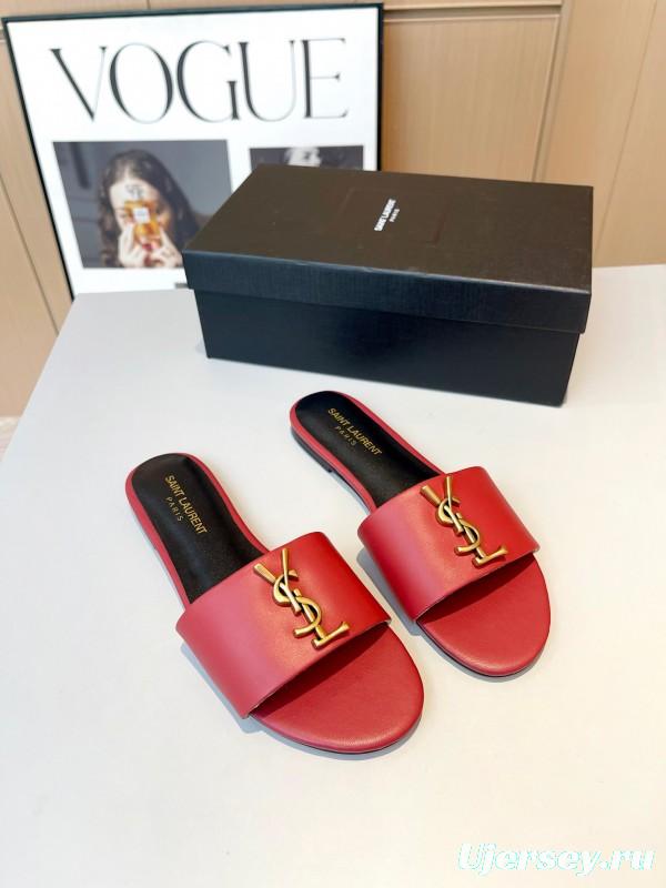 2025 Women Yves Saint Laurent Red Leather Slippers LY00180