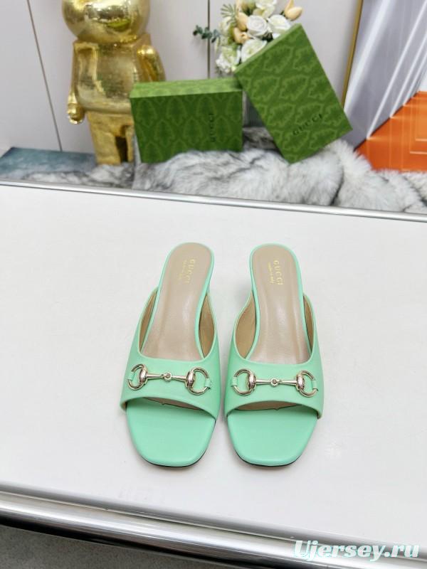 2025 Women Gucci Green Leather Heeled Slippers MJ00180