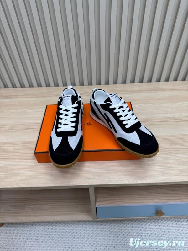 2025 Unisex Hermès Black White Suede Down Fabric Sneakers Top Version KFY00300