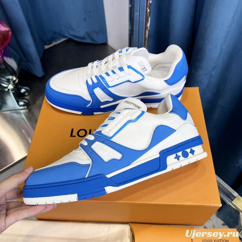 2025 Men Louis Vuitton White Blue Leather Trainer
