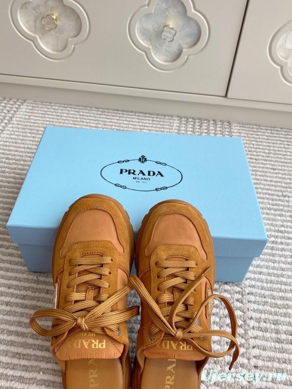 2025 Women Prada Brown Leather Suede Sneakers