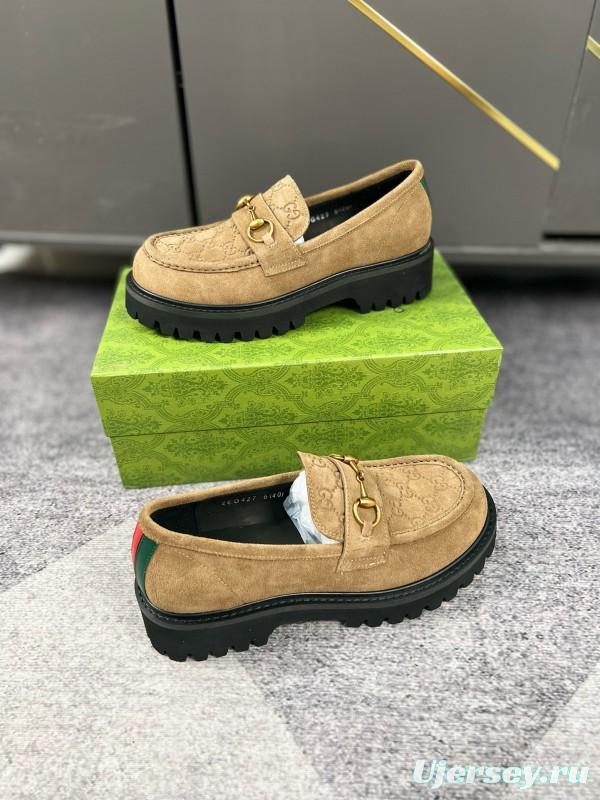 2024 Women Gucci Beige Suede Leather Loafers MJ00300