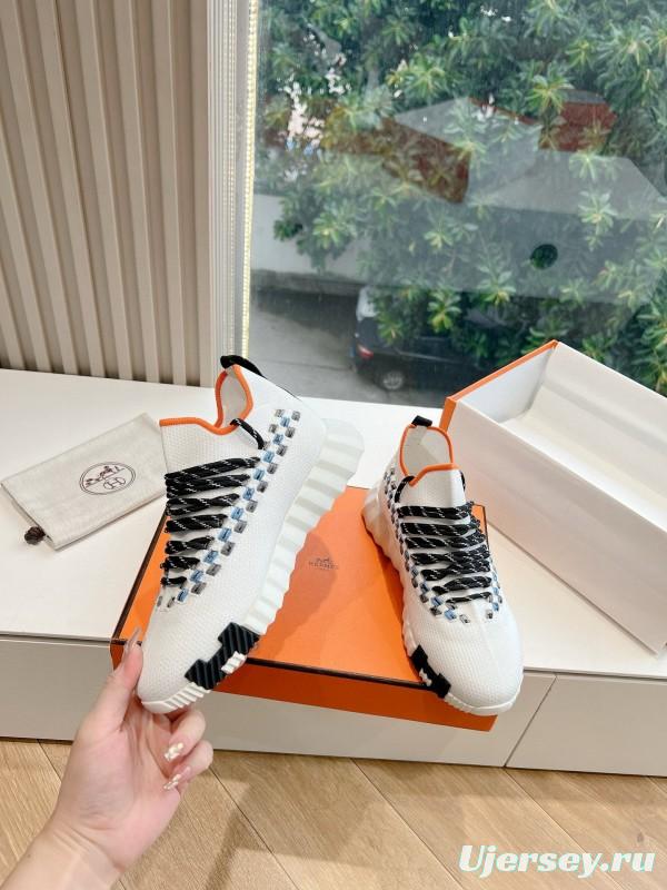 2024 Unisex Hermès White Black Orange Calf Suede Sneakers MJ00290