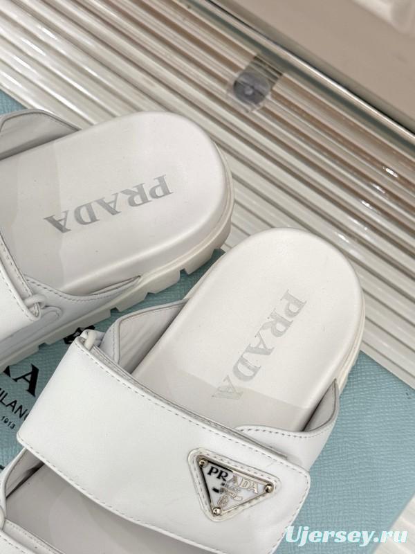 2025 Women Prada White Leather Slippers KFY00240