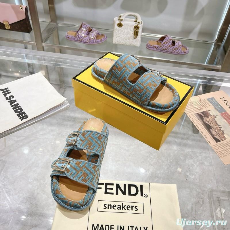 2025 Fendi Blue Beige Jacquard Fabric Slippers Buckle MJ00230