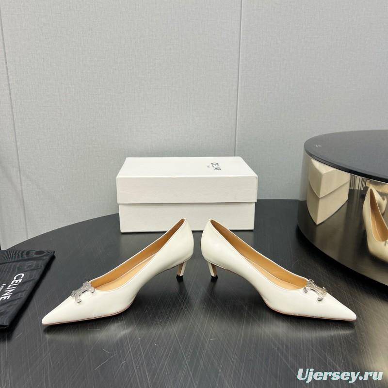 2025 Women Celine White Leather Pointed Toe Kitten Heel KFY00290