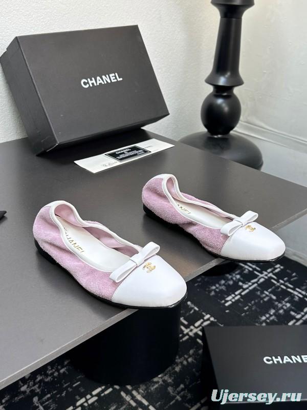 2025 Women CHANEL White Purple Leather Bow Ballet Flats Unisex LY00360(F)
