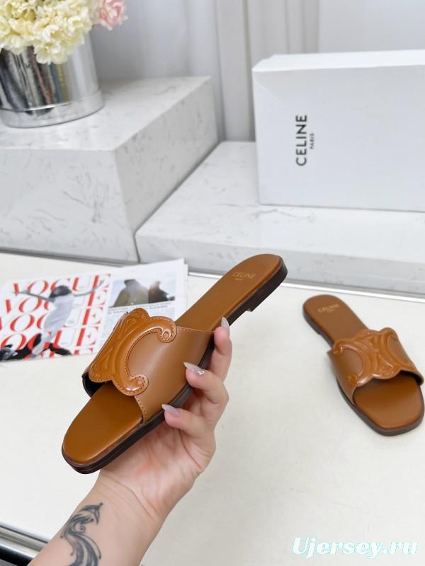 2025 Women CELINE Brown Leather Slippers LY00190