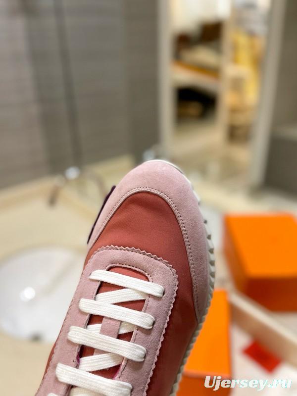 2024 Women Hermès pink beige suede mesh sneakers MJ00320