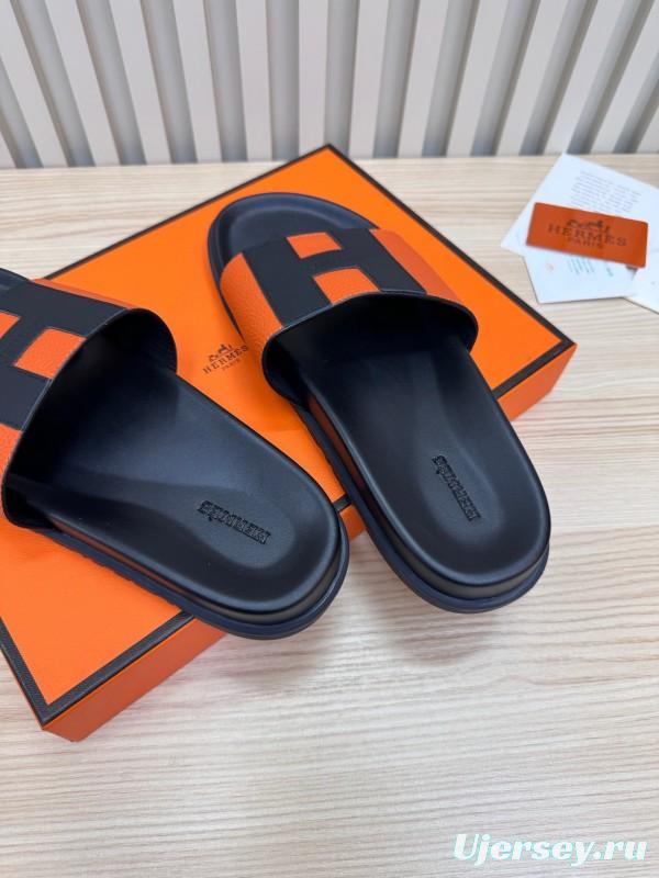 2025 Slippers Hermès Orange Black Leather Slippers